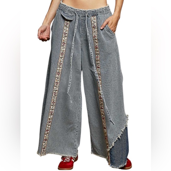 Pol Cotton Denim Stripe with Floral ties and trim Pants - Picture 2 of 8